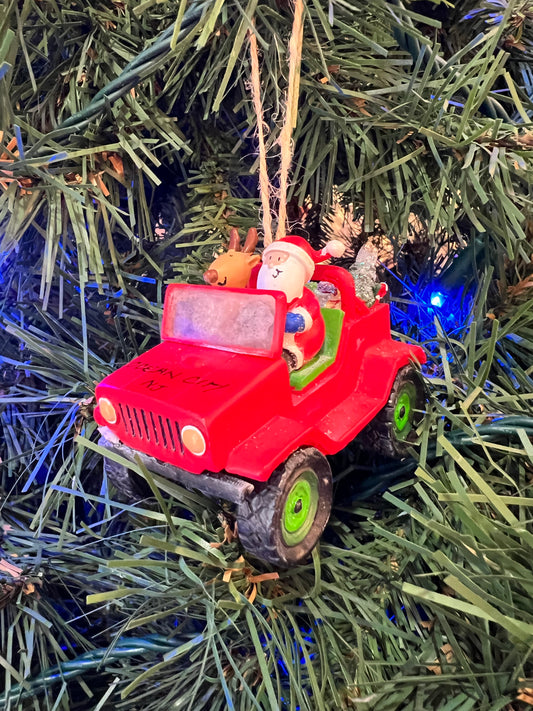 Santa in Red Jeep Ornament