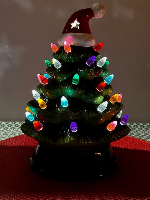 Lit Retro Tree With Santa Hat Decoration