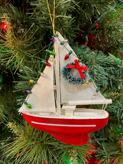 Red Sailboat w/ Lights Ornament