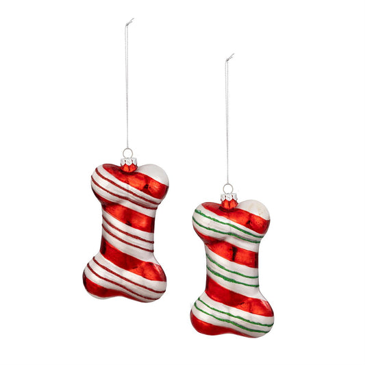 Peppermint Striped Glass Dog Bone Ornament
