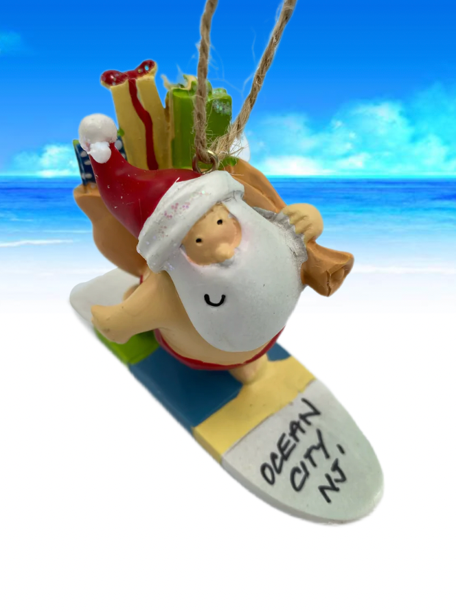 Santa on Surfboard Ornament