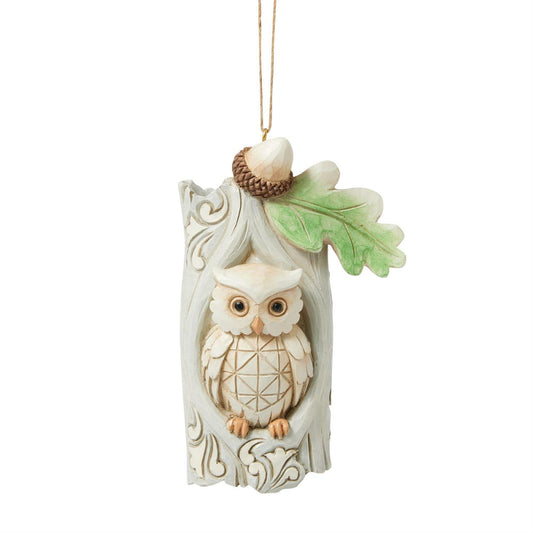 White Woodland Owl In Tree Ornament