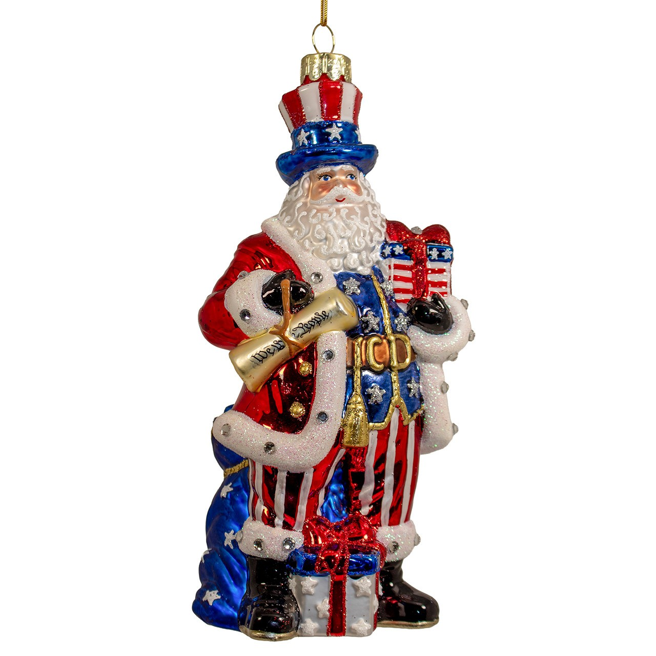 Bellissimo Patriotic Santa Glass Ornament
