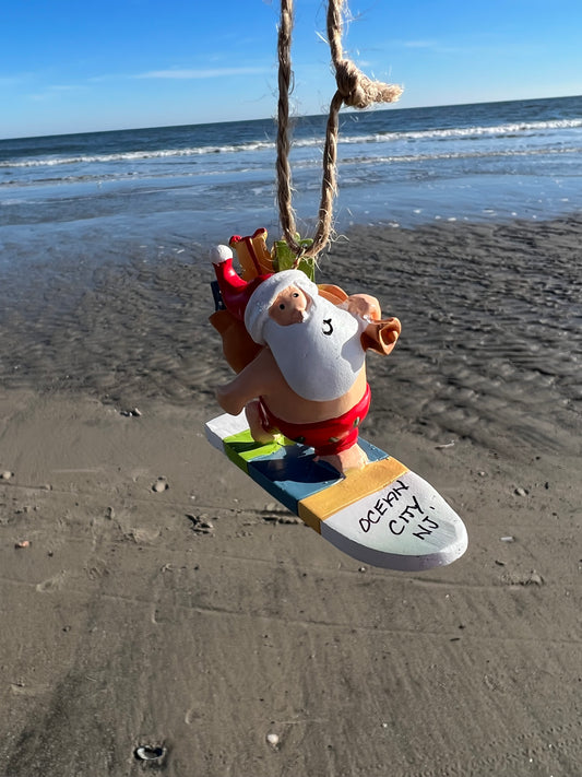 Santa on Surfboard Ornament