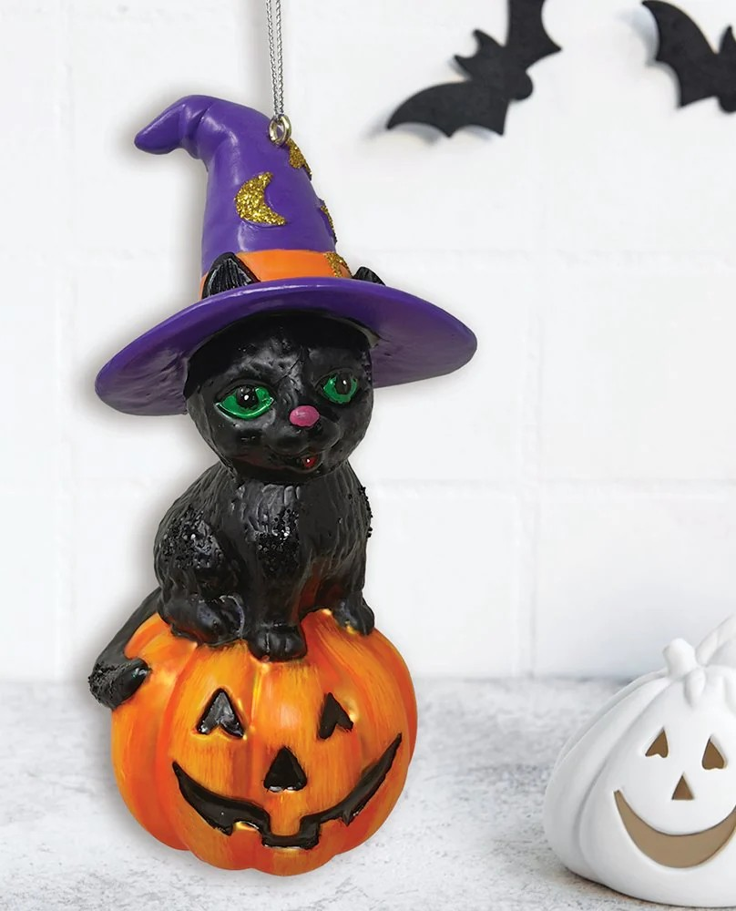 Black Cat Pumpkin Glass Ornament