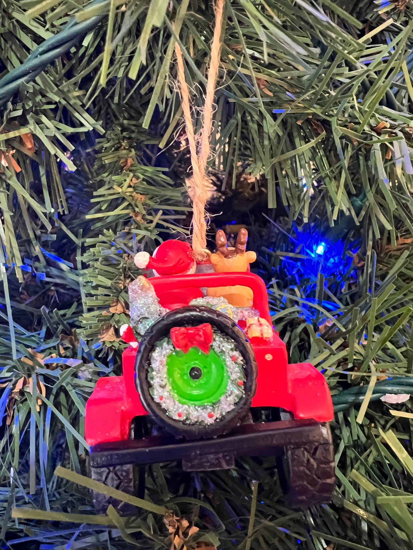 Santa in Red Jeep ornament