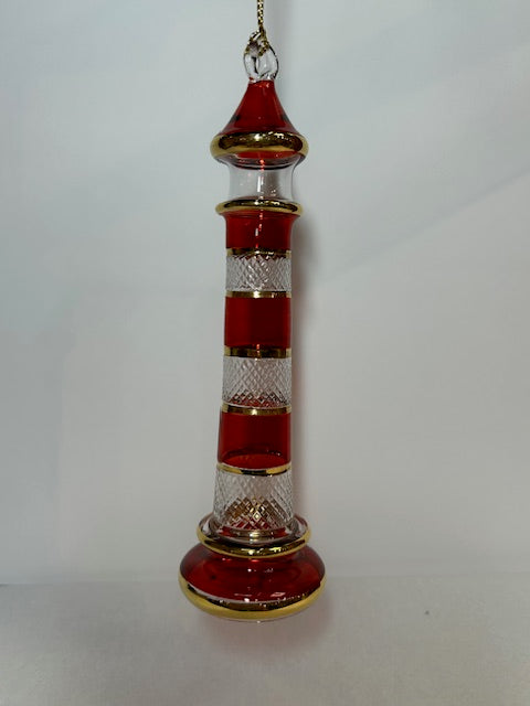 Christmas Red w/ Gold Egyptian Glass Lighthouse Ornament