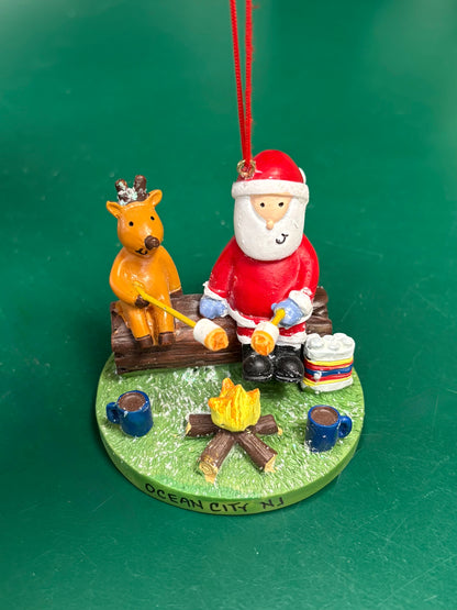 Santa & Reindeer by Fire Ornament