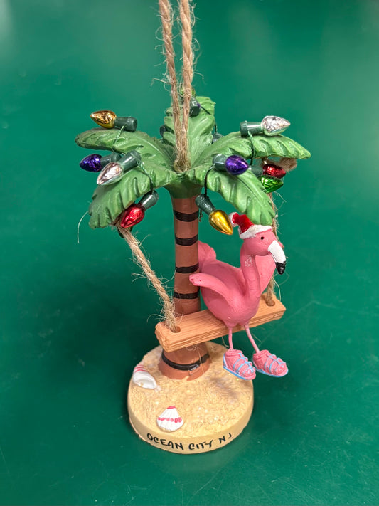 Flamingo on Swing in Palm Tree Ornament
