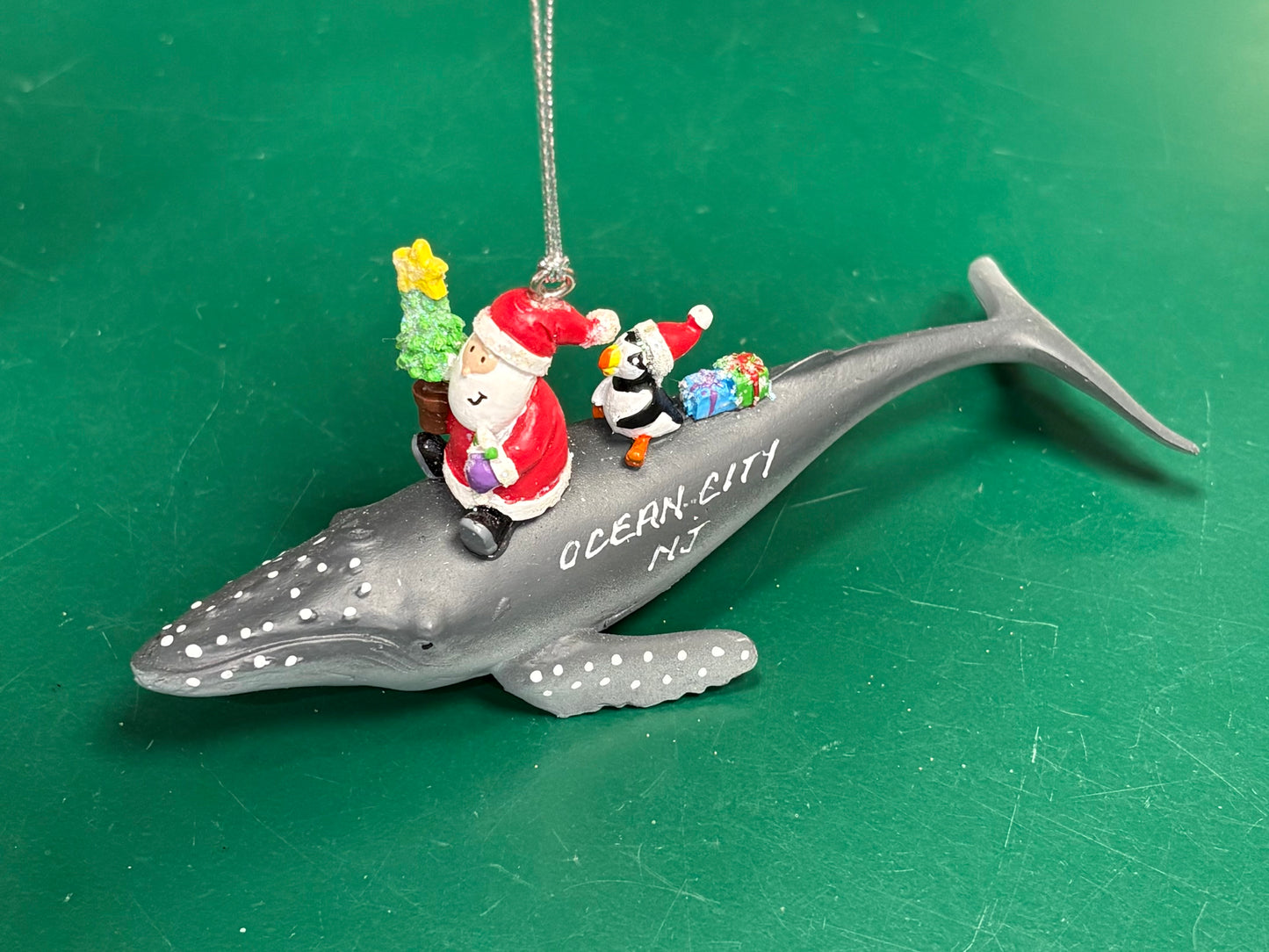 Santa & Puffin On Humpback Ornament