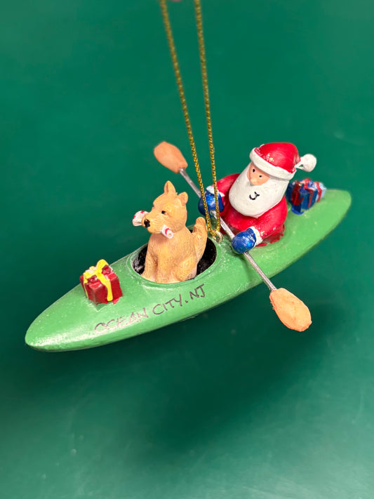 Santa/Dog in Kayak Ornament