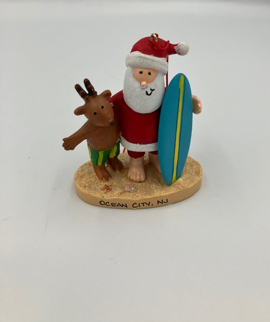 Santa & Friend With Surfboard Ornament