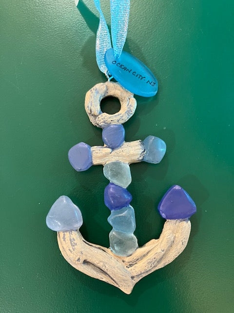 Driftwood Sea Glass Anchor Ornament