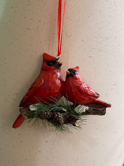 Cardinals Perch on Pine Ornament