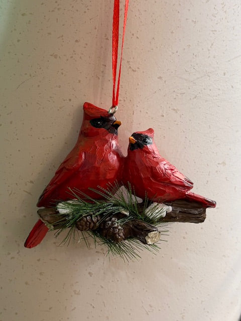 Cardinals Perch on Pine Ornament
