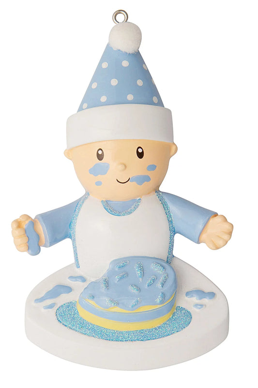 Baby w/ Cake on Face  Blue Ornament