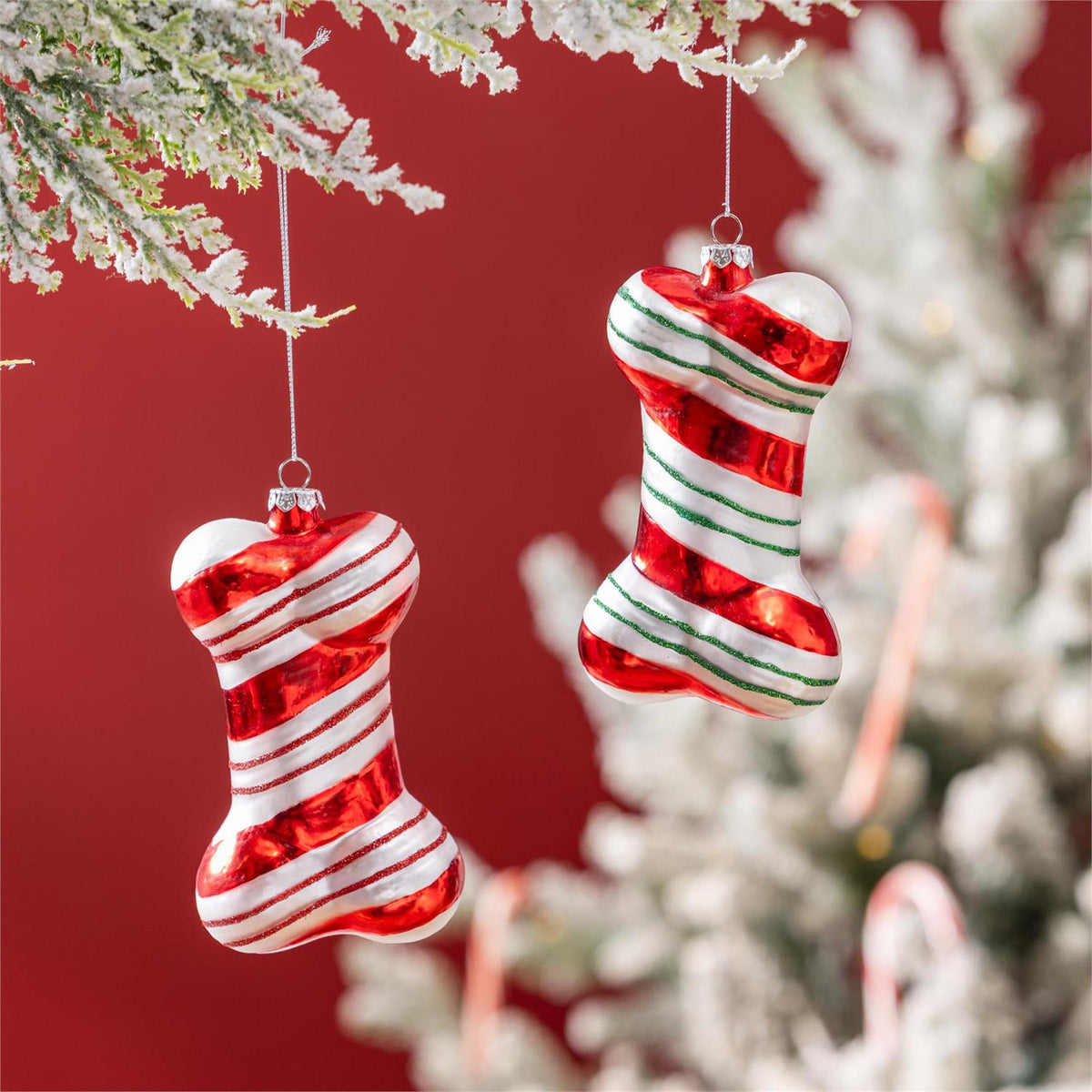 Peppermint Striped Glass Dog Bone Ornament