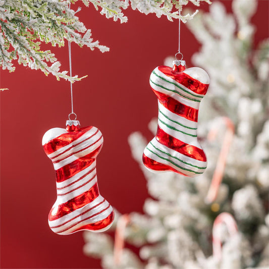 Peppermint Striped Glass Dog Bone Ornament