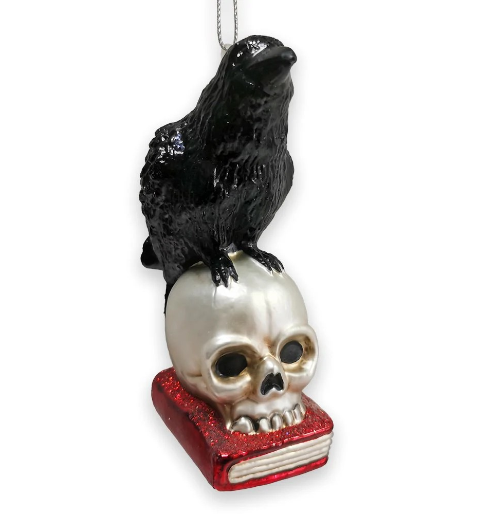 Raven on Skull and Book Glass Ornament
