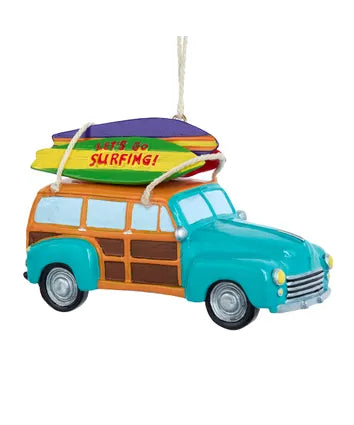Woody Car With Surfboard Ornament