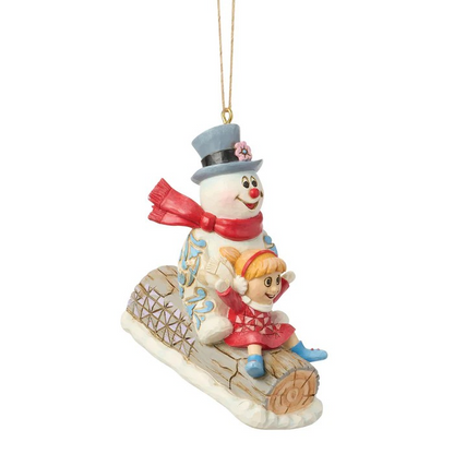 Frosty & Karen on Log Sled Ornament