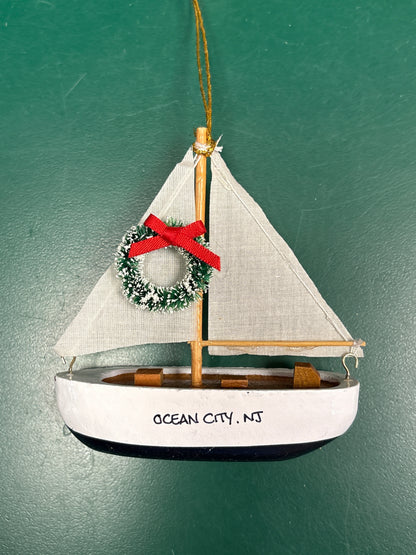 Navy Bottom Wood Sailboat Ornament