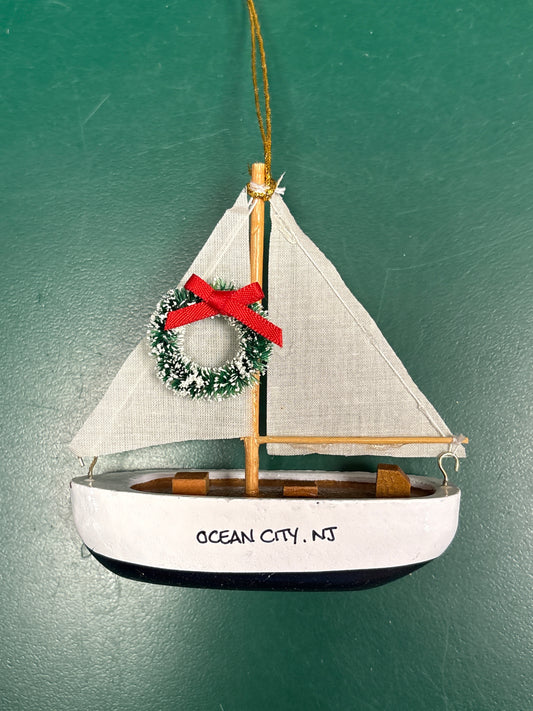 Navy Bottom Wood Sailboat Ornament