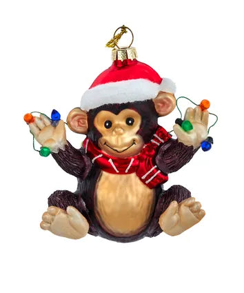 Monkey Wearing Santa Hat Glass Ornament
