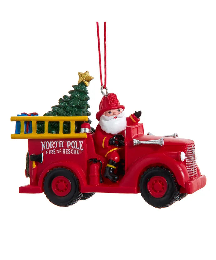 Santa In Firetruck Ornament