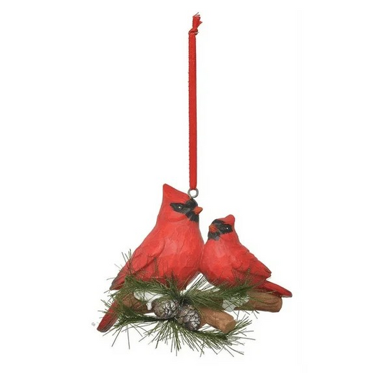 Cardinals Perch on Pine Ornament