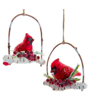 Cardinal On Branch Glass Ornament