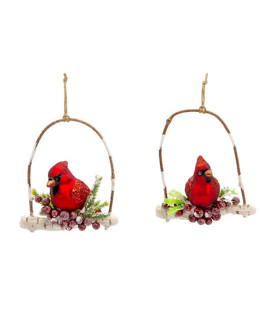 Cardinal On Branch Glass Ornament
