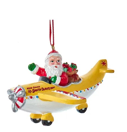 Santa In Yellow Airplane Ornament